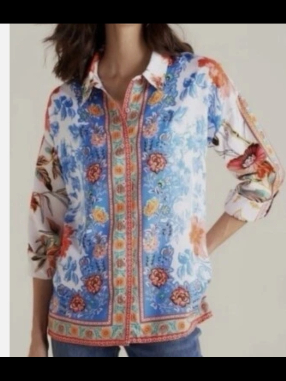 Soft Surroundings Samara Multi Floral Print Roll Tab Sleeve Blouse